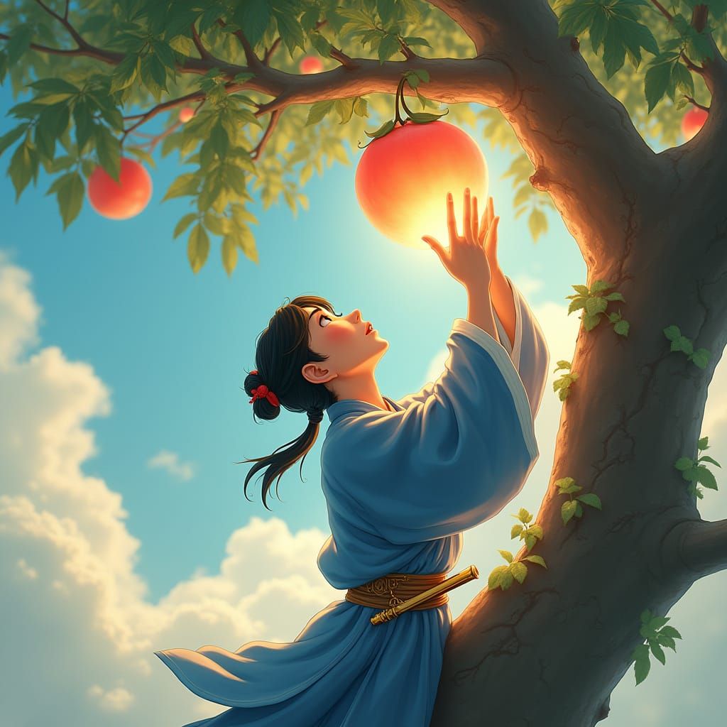 The immortal flute player reaching for the peach of immortality