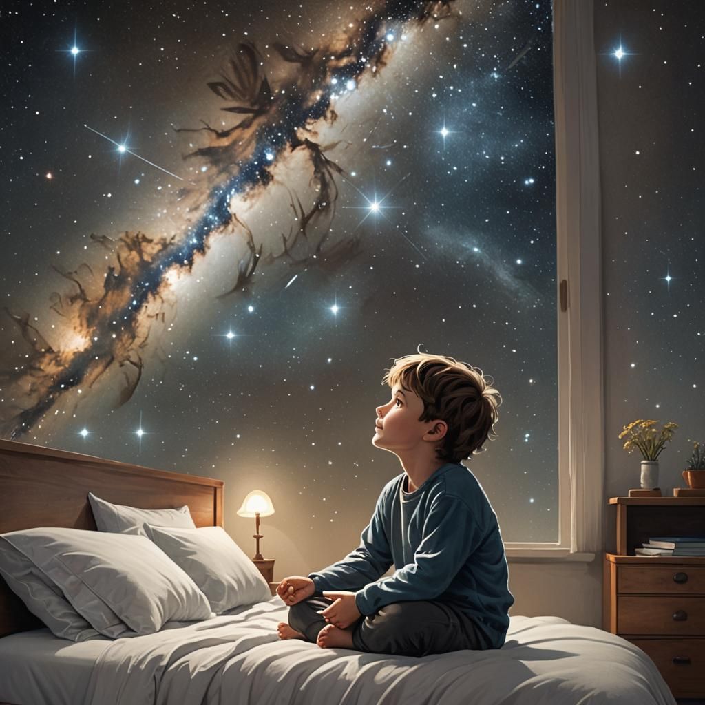 A little boy sits on the edge of the bed, looks out a window...