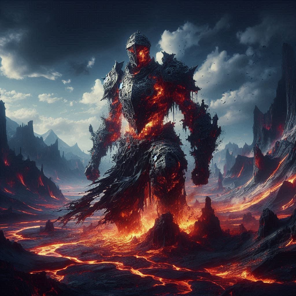 The knight, volcano landscape
