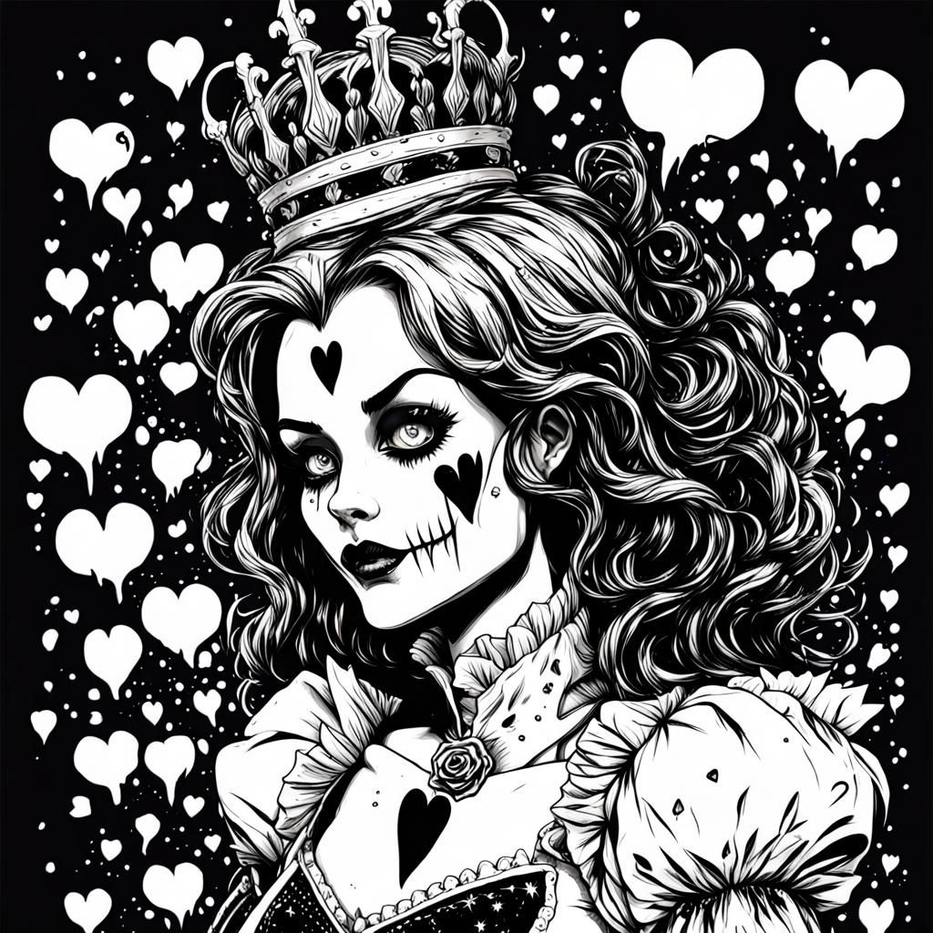 " dessin au trait de queen of heart au pays de la folie " 