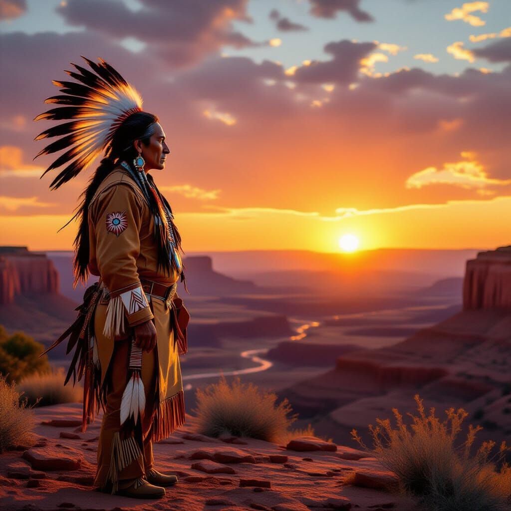 A stoic Native American chief stands on a windswept mesa at sunset, his gaze fixed on the distant horizon. ...  by @AndrewPopov