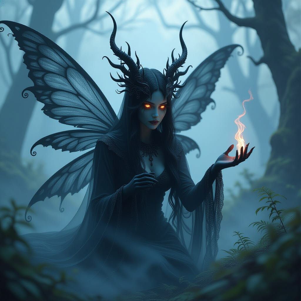 A wild fairy made entirely of transparent black smoke. With glowing, crazy eyes and twisted fingers, she looks like the embodiment of all fo...