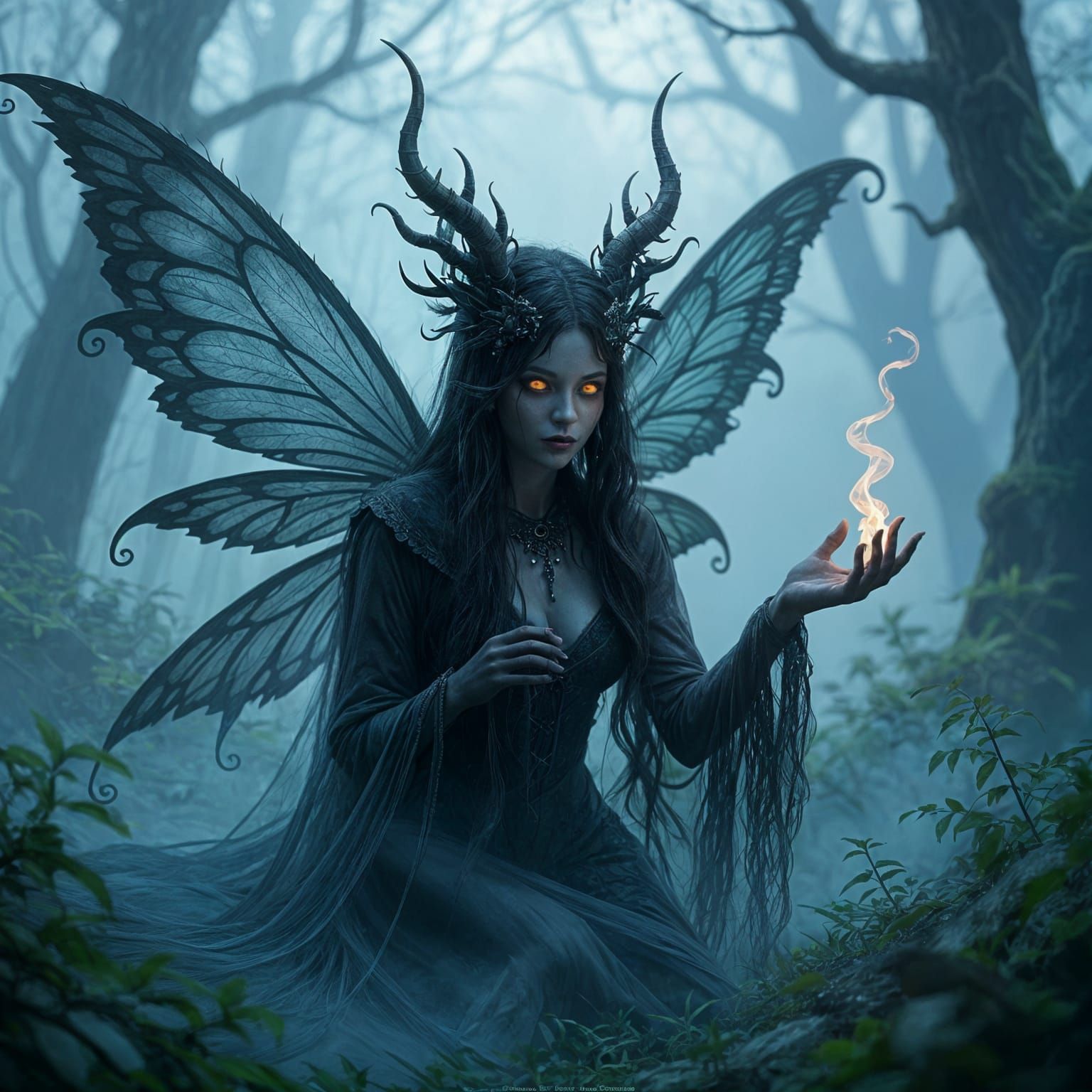 A wild fairy made entirely of transparent black smoke. With glowing, crazy eyes and twisted fingers, ...  by @Zhopen