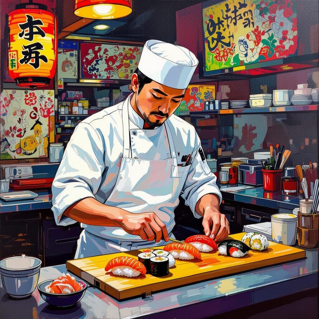Sushi Chef in Restaurant, Pop Surrealism Style