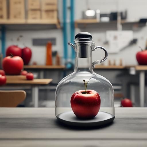 red apple on a table in a lab with a funnel poked in it bein...