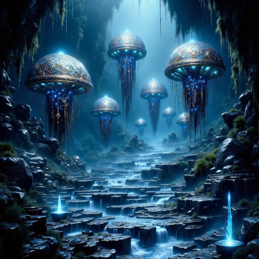 <lora:Dwemerpunk:1.0> , An highly detailed surrealistic enchanting depiction of the mysterious Blackreach, an underground world filled with ...