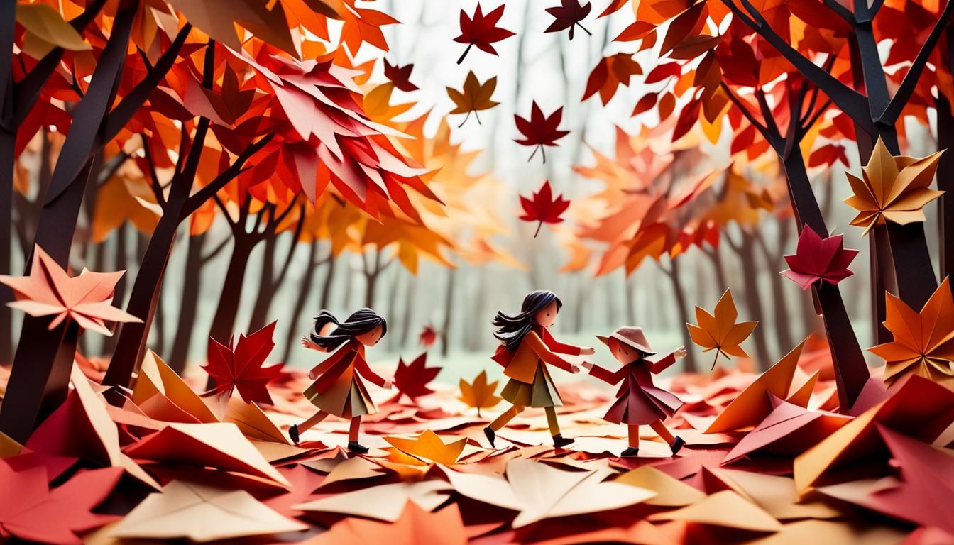 Kids playing with fallen autumn red and orange leaves  by @Cyber Sakura