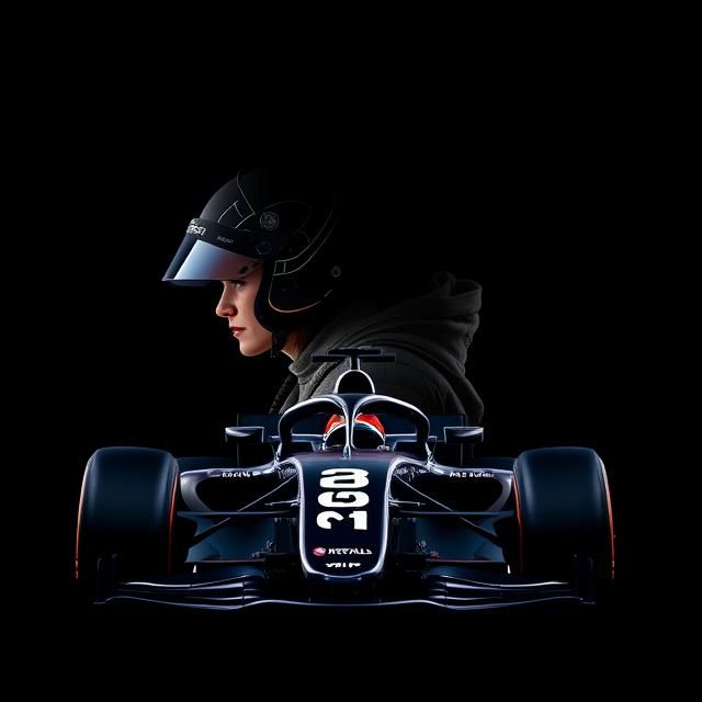 A DOUBLE EXPOSURE IMAGE OF A FEMALE FORMULA ONE RACING DRIVER AND A MERCEDES FORMULA ONE RACING CAR ON A BLACK BACKGROUN...