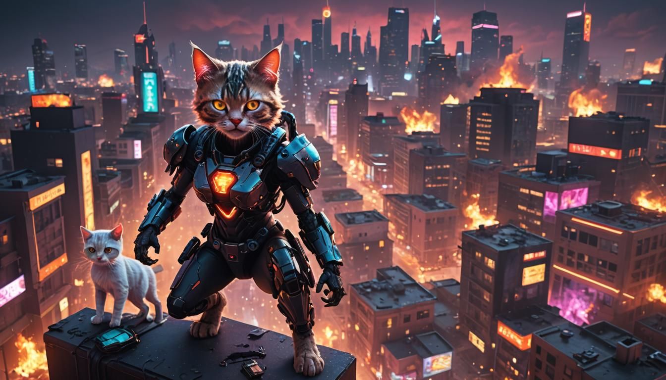 Glowing Neon Horror cyborg kittens guns fire human bodies ci...