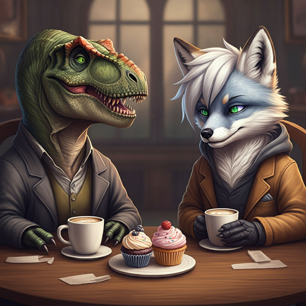 a T-Rex and a Fox casually chatting over coffee and cupcakes