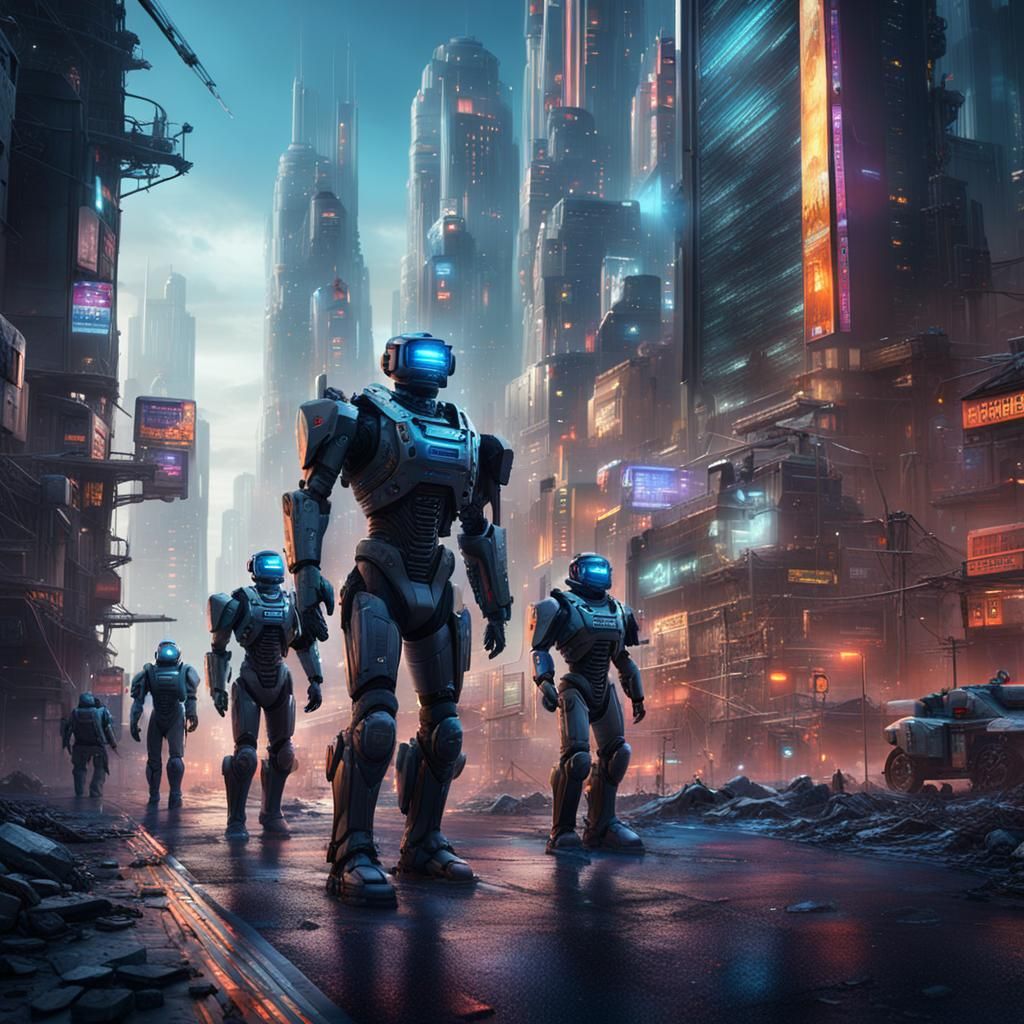 cyber city with soldiers in robot armour parading through st...