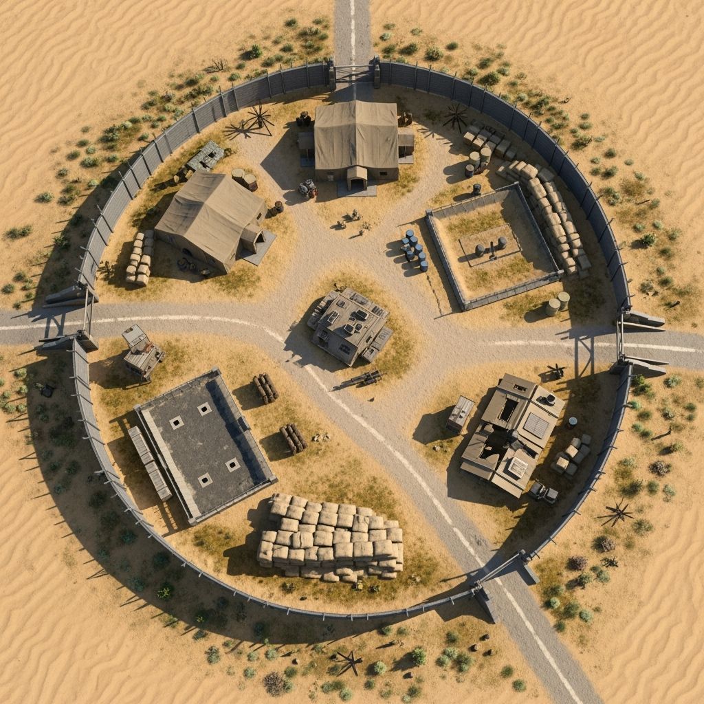 An army base surrounded by a chain-link fence: three large tents, a shooting range, and a one-story houseWITHOUT A ROOF. There are obstacles...