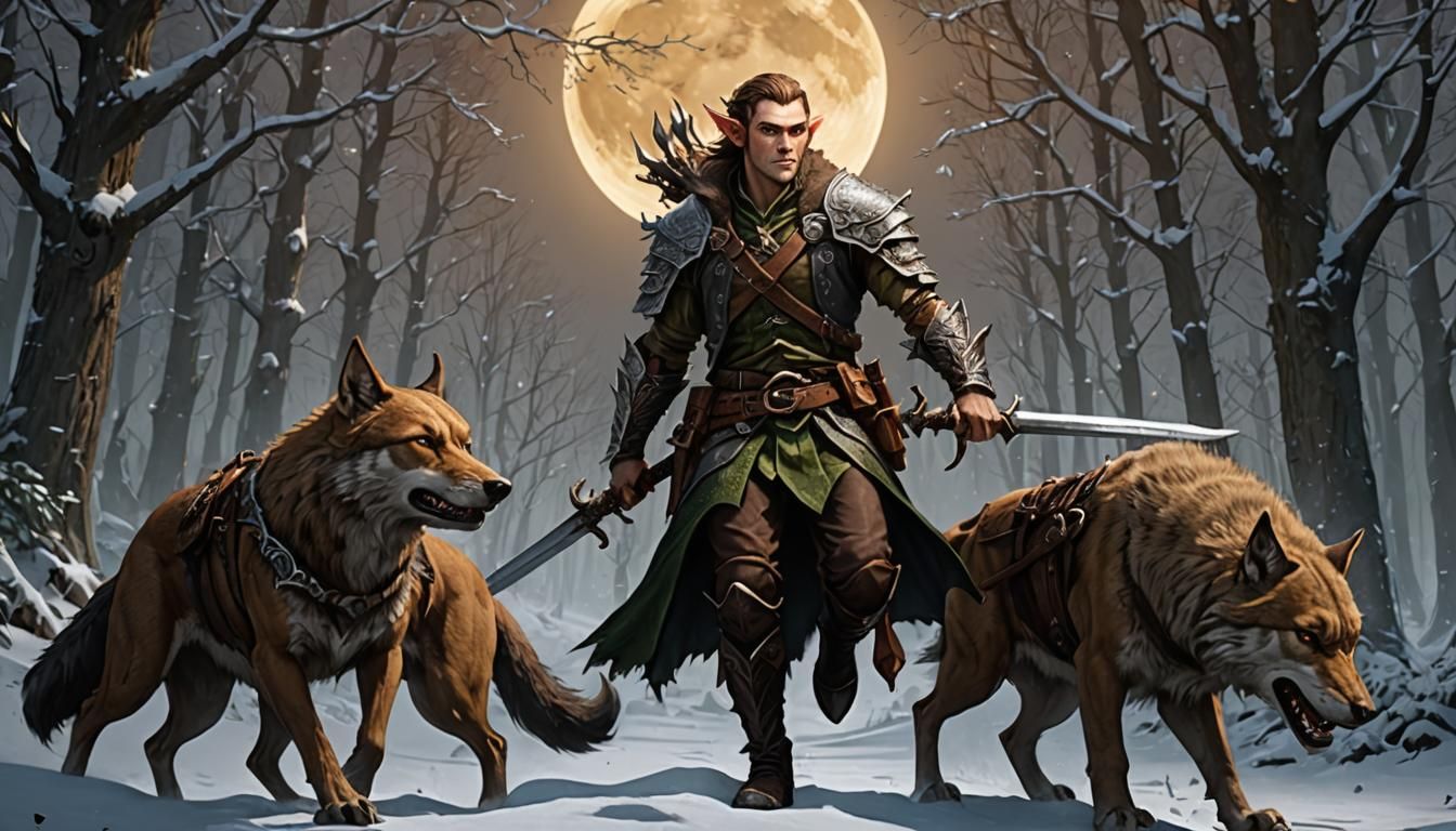 Forest Elf warrior is equipped with a sword, maybe a wolf, maybe not <shrug> A.I. am I right?
