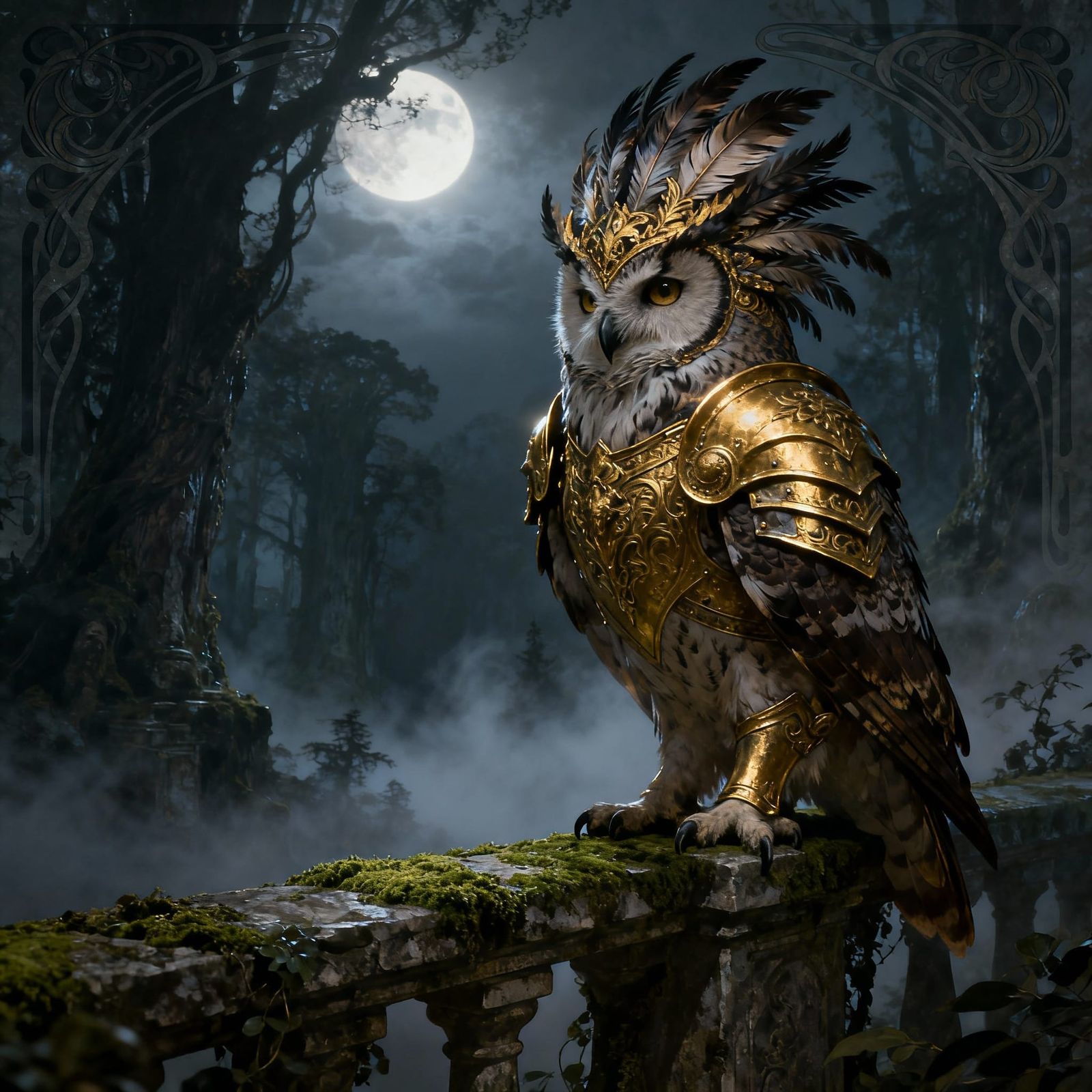 A majestic owl with an elaborate, feathered headdress and ornate golden pauldrons, mimicking the appearance ...  by @Eclectic shambles
