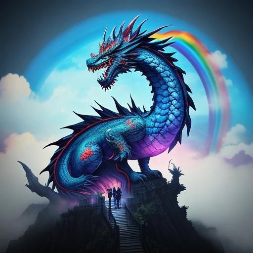 Chinese Dragon Soaring Over Ink Mountain Landscape