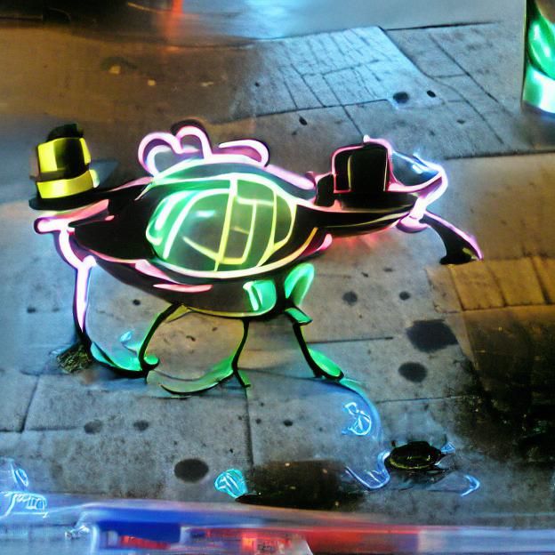 turtle with a top hat. glowing neon
