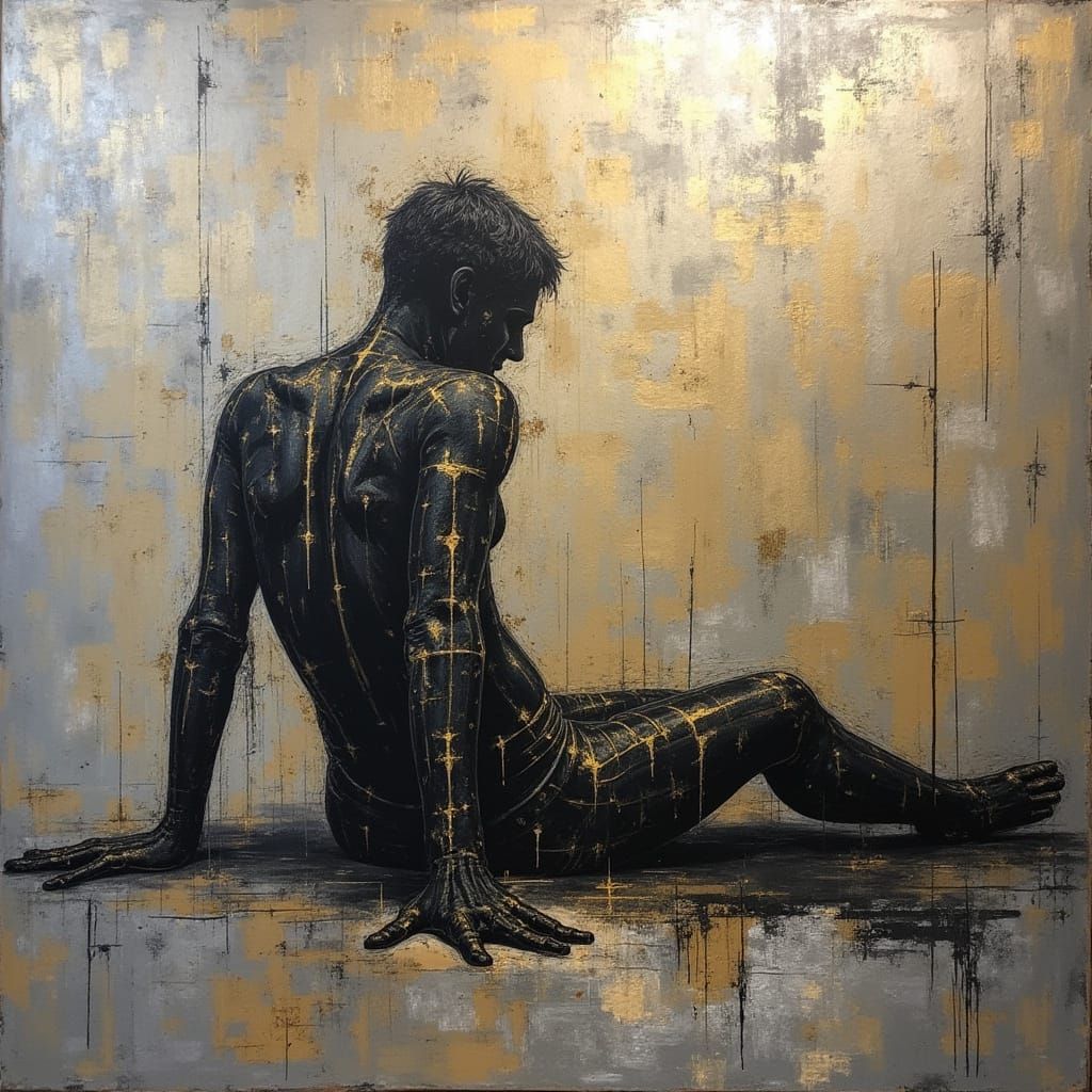 Abstract Fusion: Silhouetted Figure in Metallic Hues
