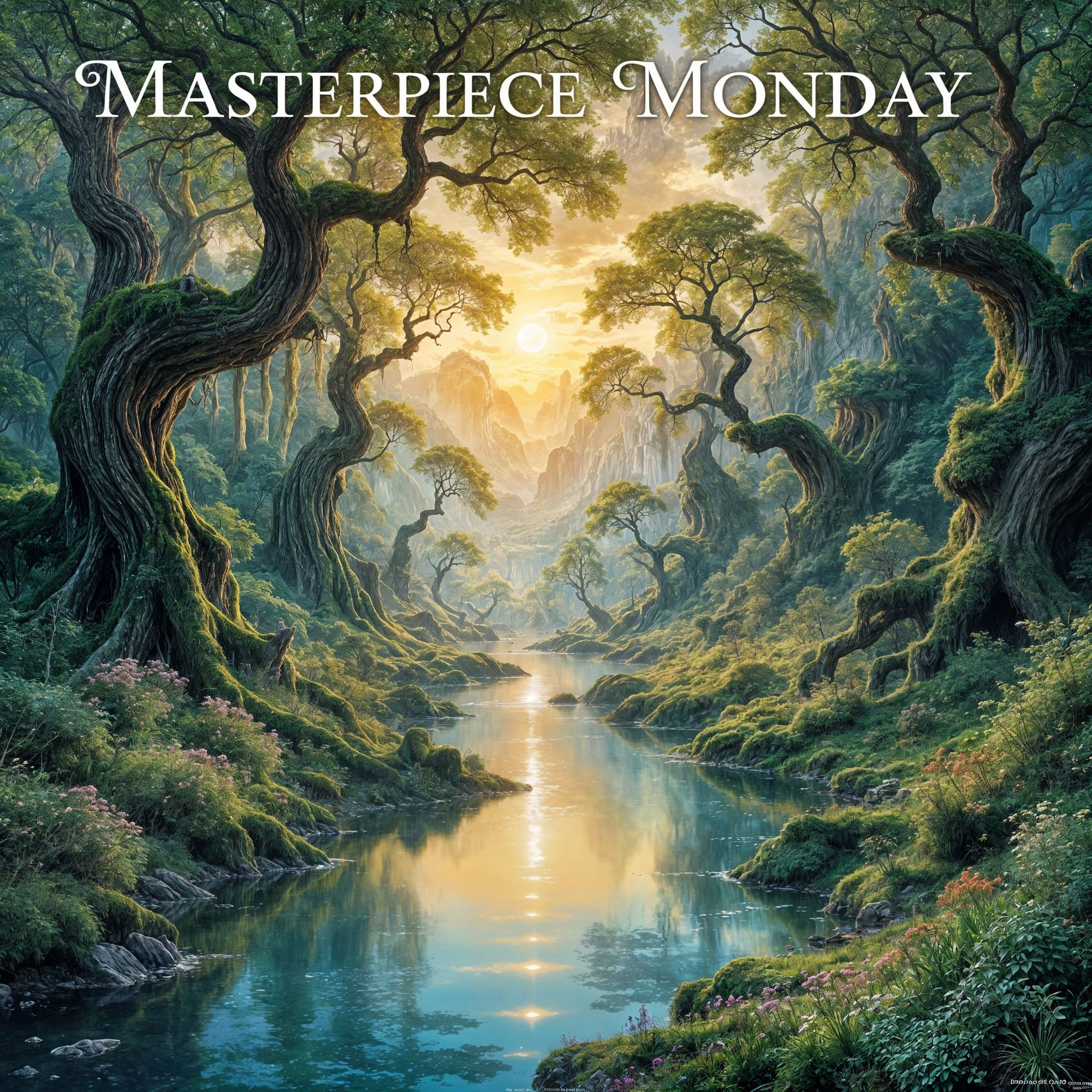 A breathtaking landscape that embodies the essence of 'Masterpiece Monday'. Imagine a serene, enchanted forest bathed in the golden light of...