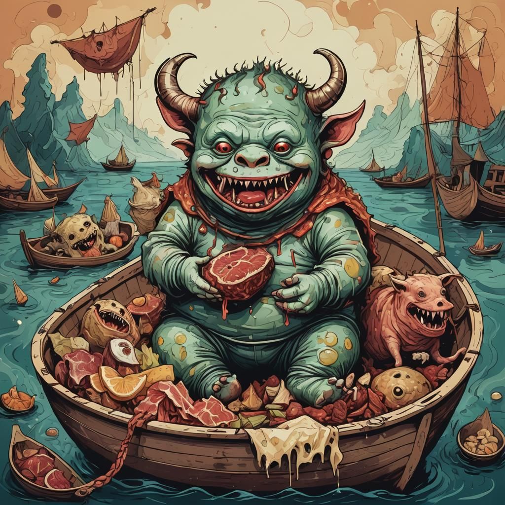 Fat happy monster baby eating raw meat in a boat