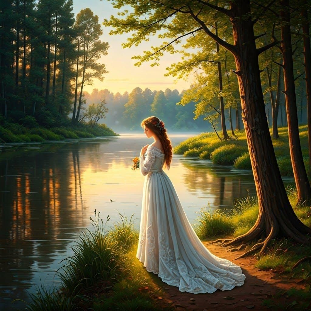 Woman by River at Sunset in Forest