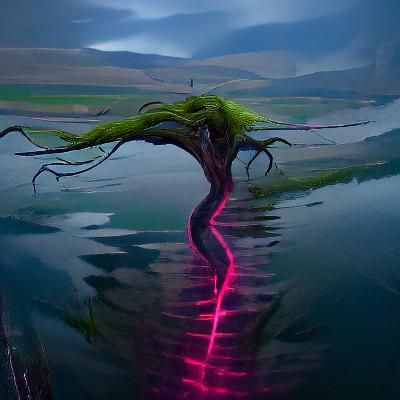 Neon willow tree hanging over rippling water