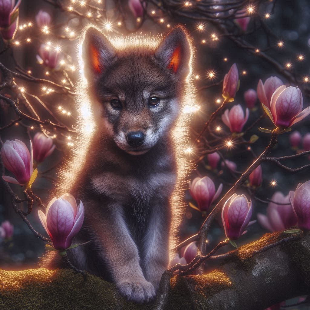 Wolf cub under the magnolia tree