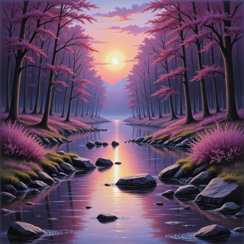<lora:Chalk Oil Paintings2:1.0> Beautiful purple/mauve toned forest w/highly reflective creek, evening time, highly detailed, 8k resolution,...