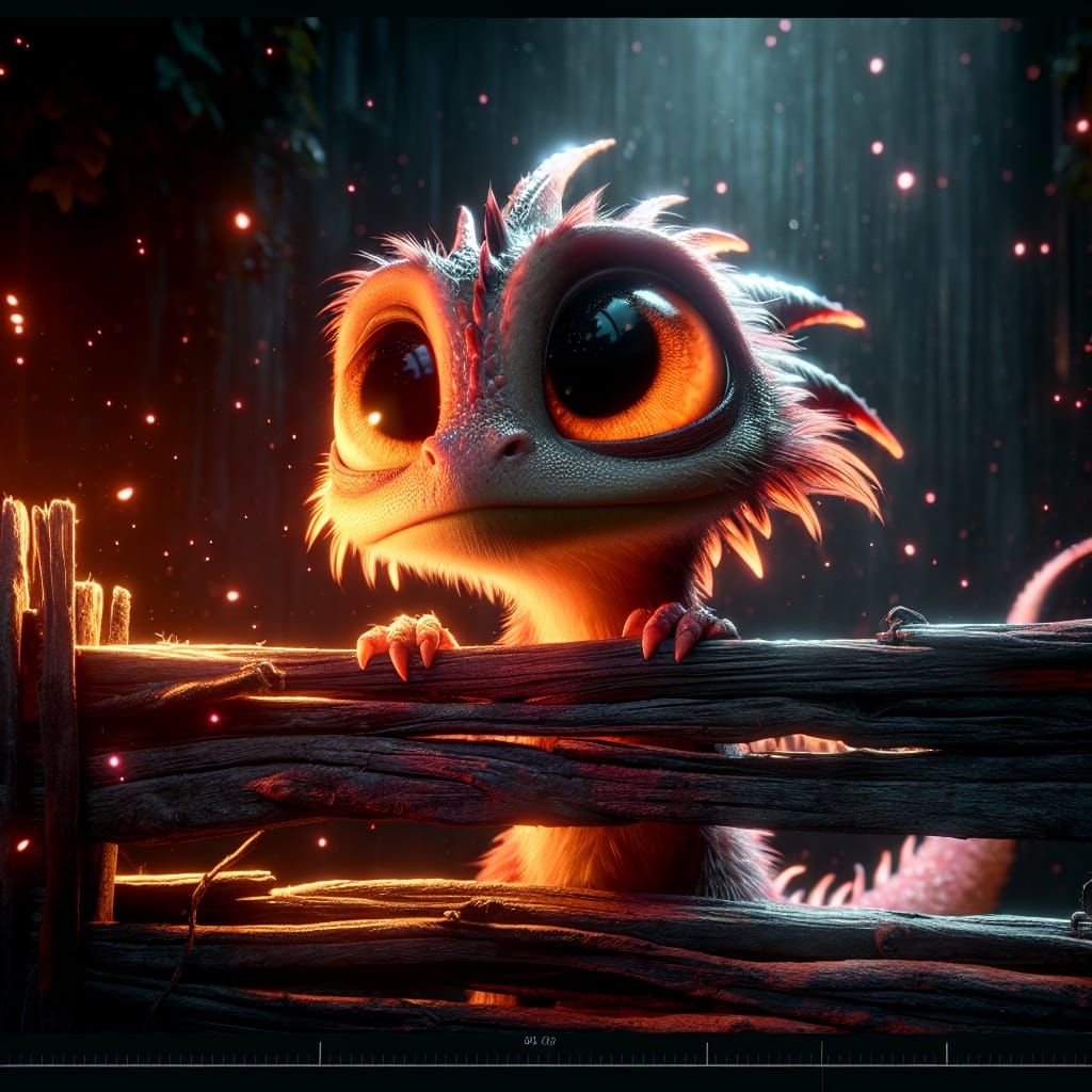 A small, scruffy Neon orange cartoon-like dragon peers over a wooden fence with wide, expressive amber ...  by @James Silvers