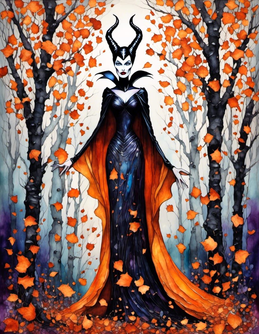 Maleficent standing in Birch Trees