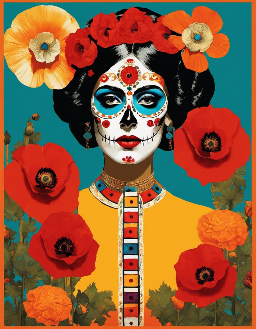 Mexican Dia de los Muertos make up Poppy flowers Woman altar...