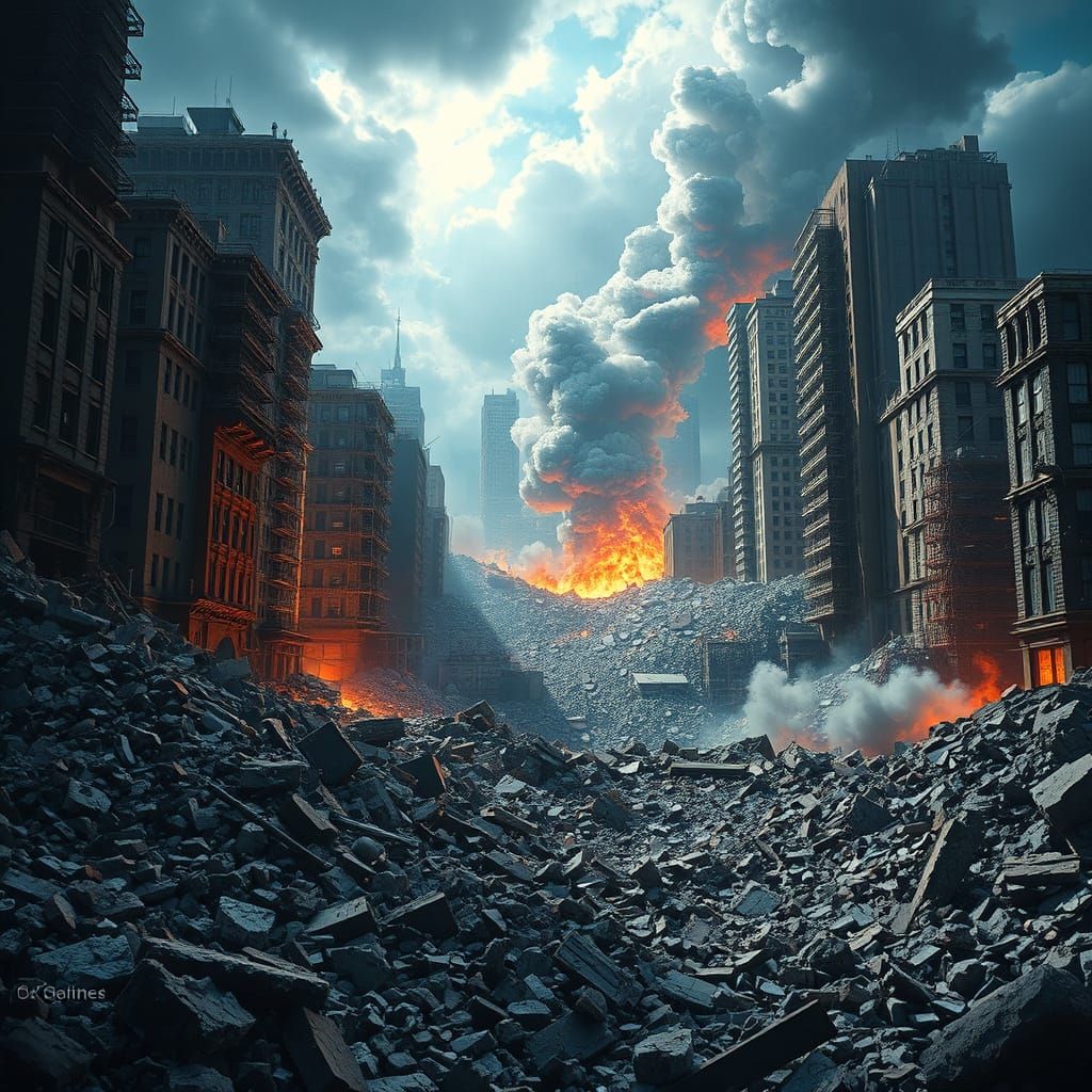 Earthquake Devastation: Crumbling Cityscape in Digital Matte...