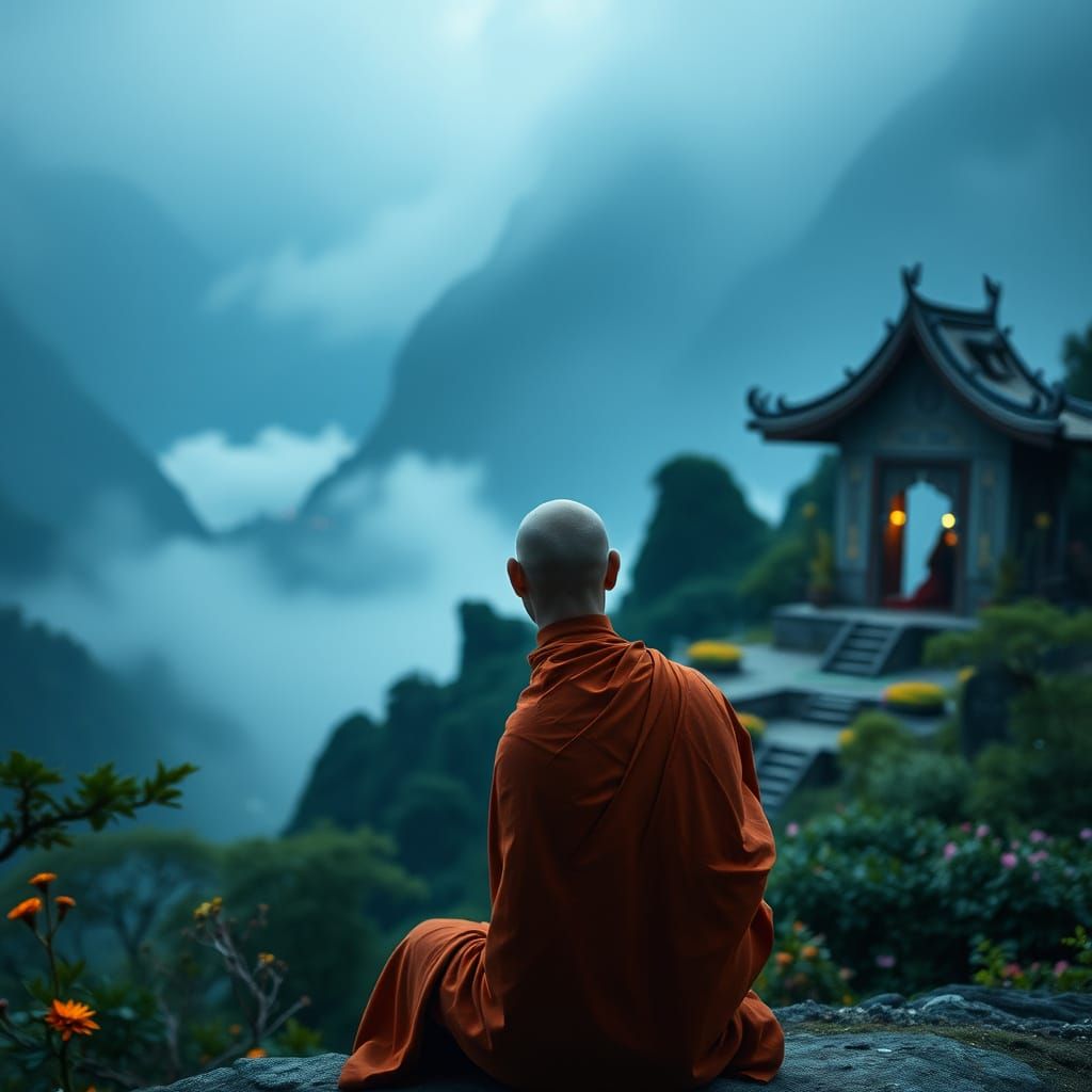 A Contemplative Monk Surrounded by Misty Mountains in a Pure...