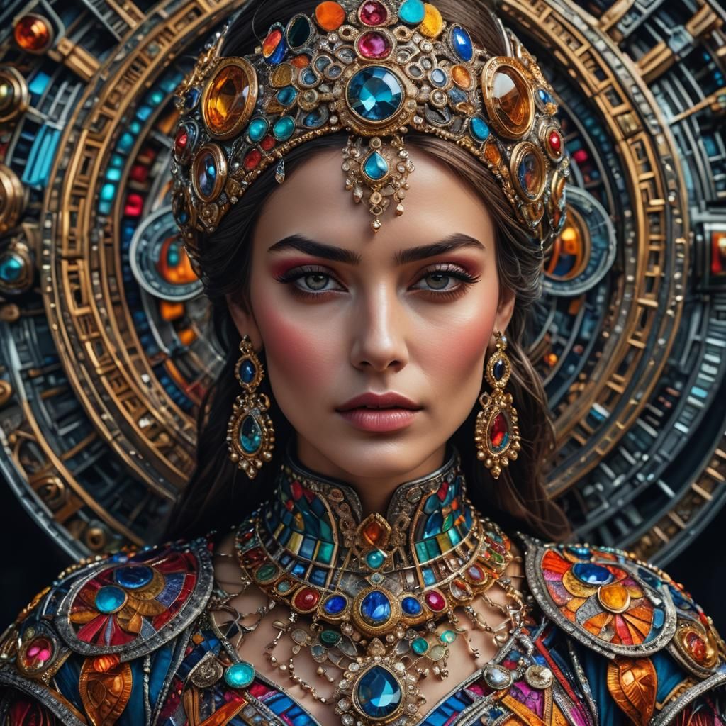 Hyperrealistic portrait of a beautiful woman wearing intrica...