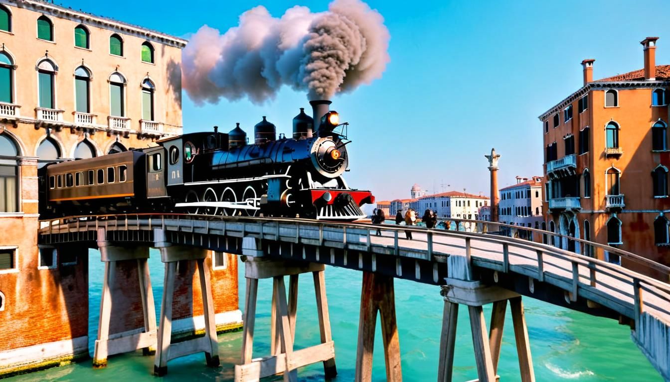 Anime Steam Train Crossing Grand Canal in Venice