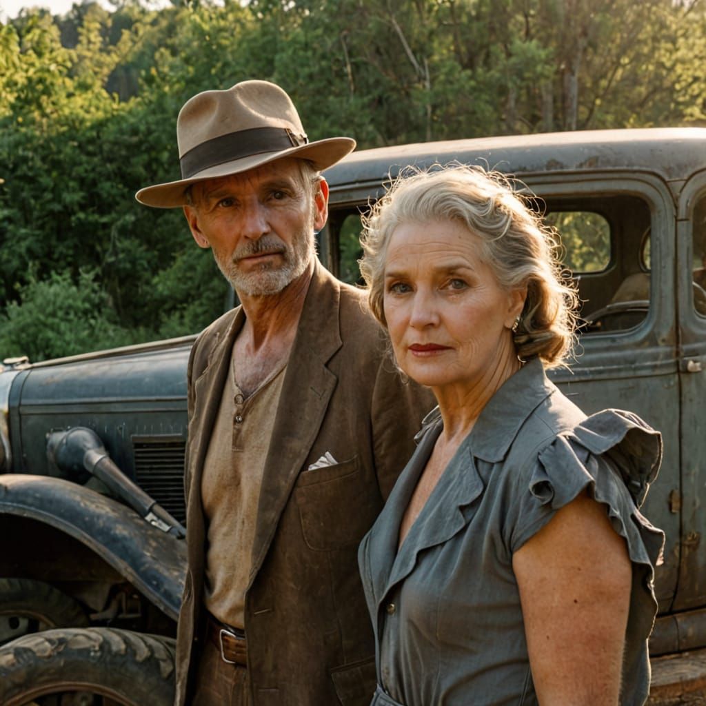 Vintage Couple in Front of Faded Pickup