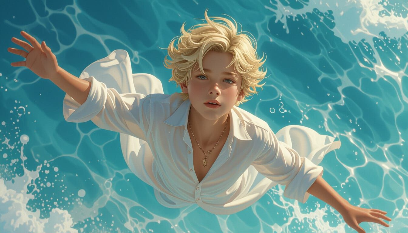 Blond Boy Floats Above Ocean: Splash Art Portrait