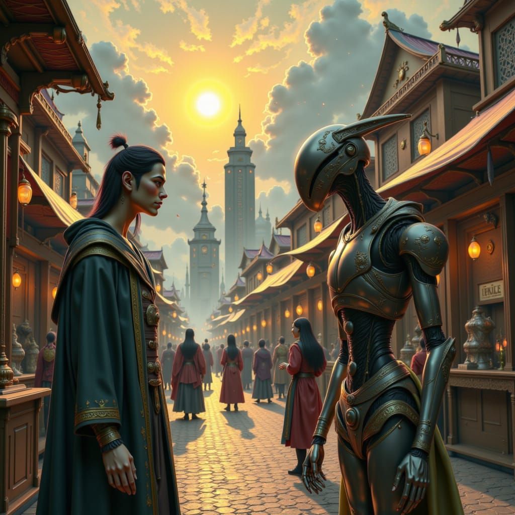 Digital painting. A bustling ancient marketplace with towering, futuristic skyscrapers in the distance, under a sky with two suns. A figure ...