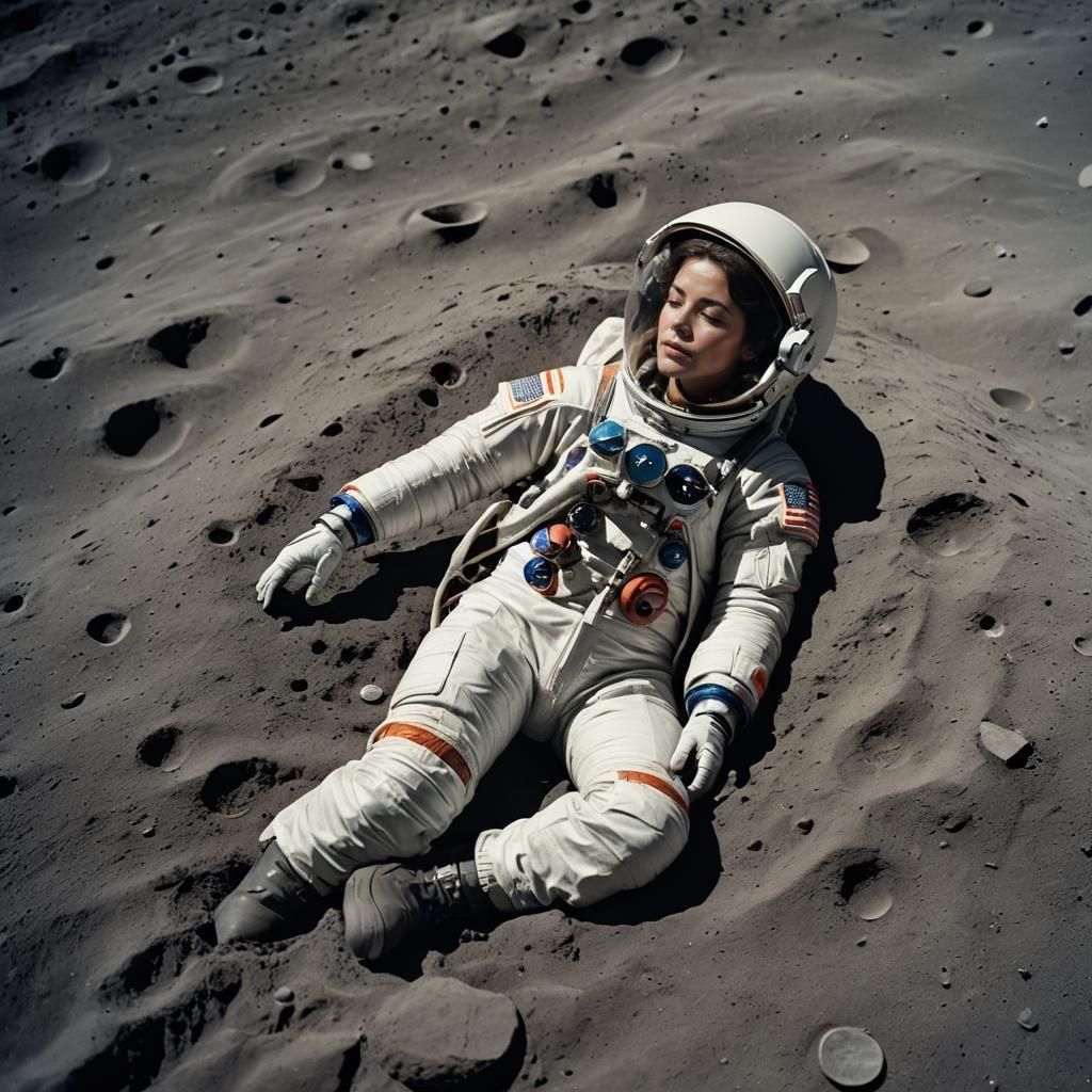 002 A beautiful woman wearing a white spacesuit lying uncons...