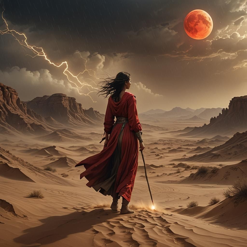 Woman Draws Golden Line in Desert Wind