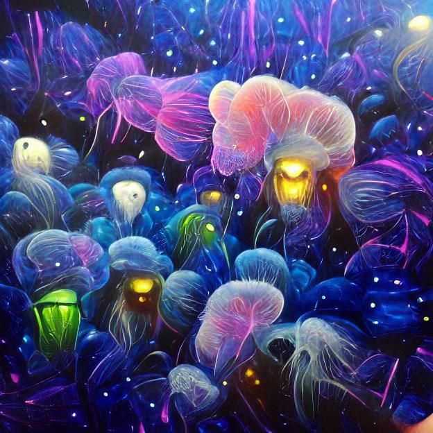 Surrounded by hundreds of fluorescent deep sea jellyfish.