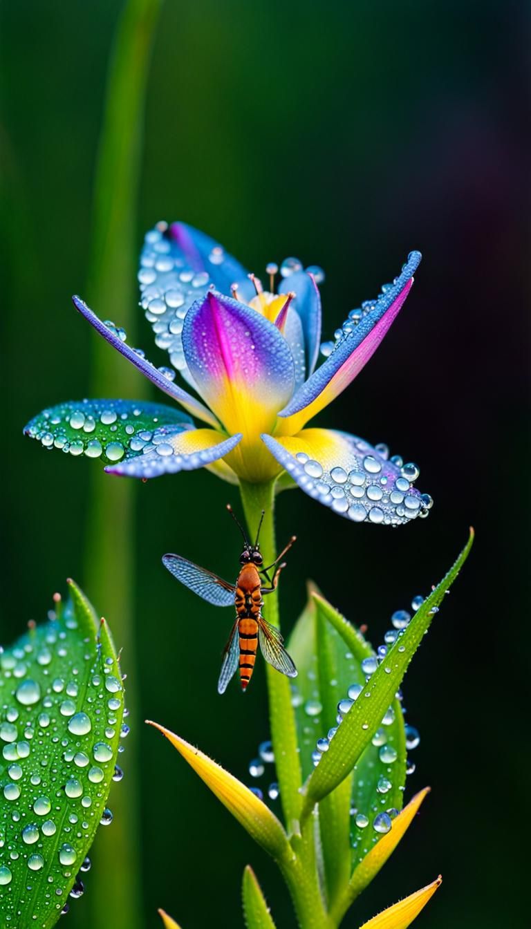 Dew drops highlight the iridescent colors of nature - flower...