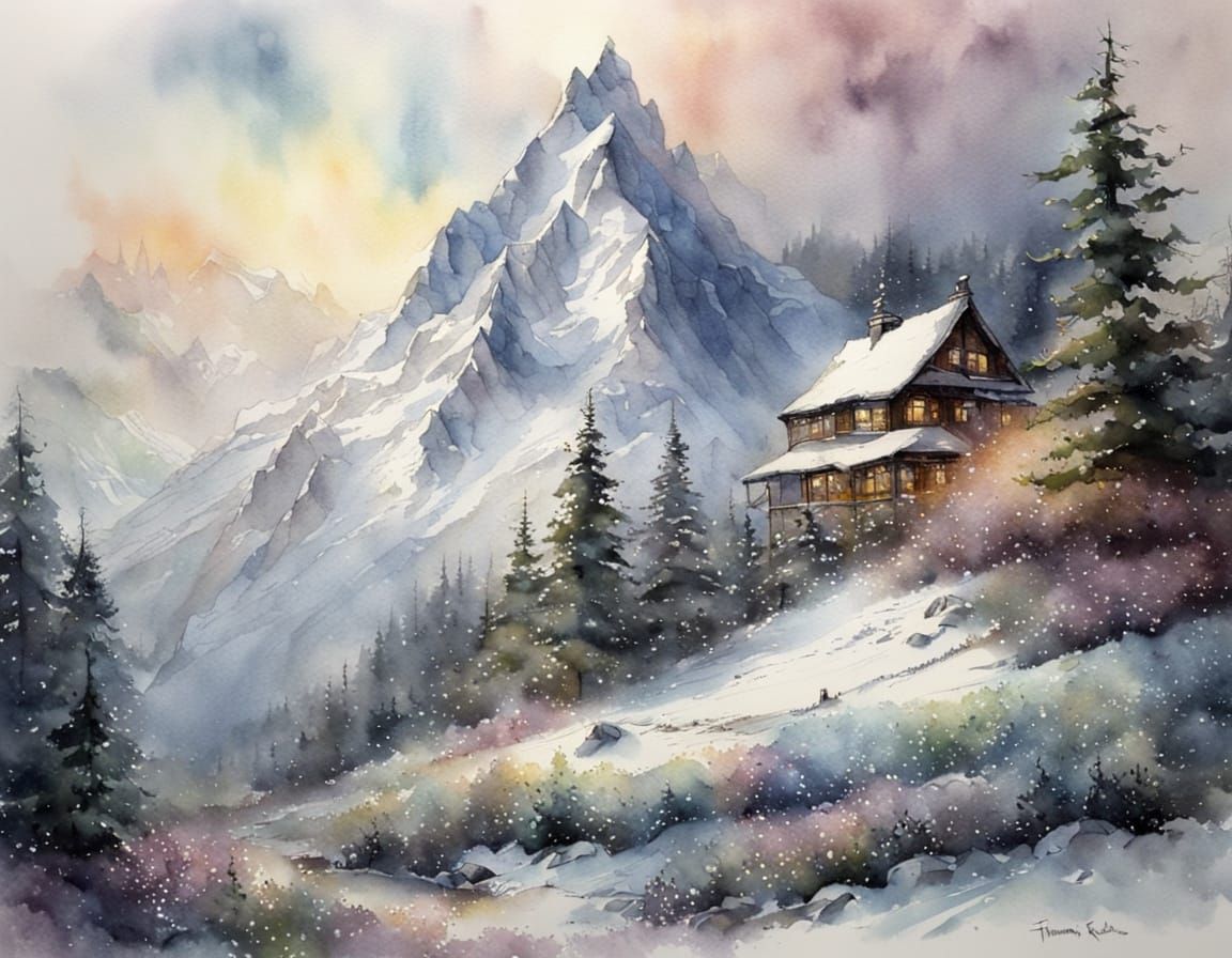 Majestic Snow-Capped Mountain in Watercolor and Ink