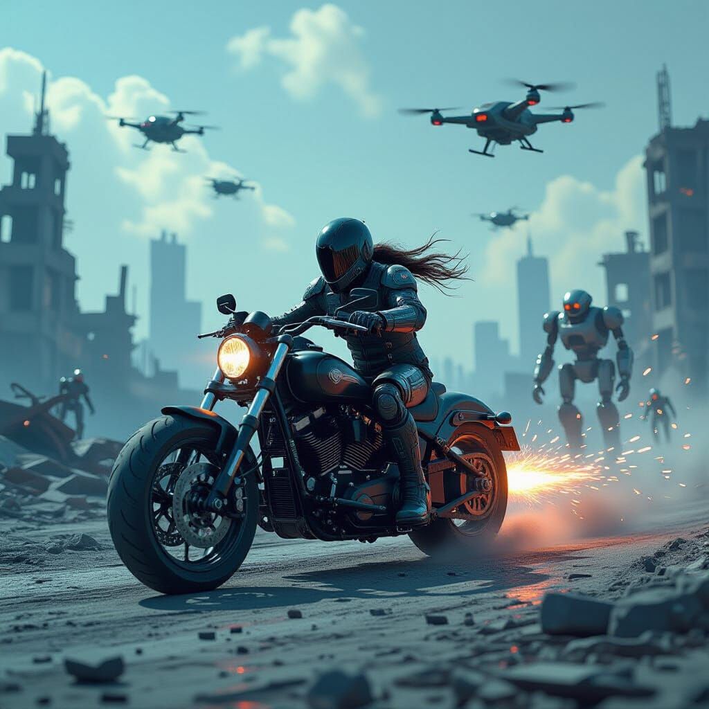 A lone Cyberpunk cyborg riding on a Harley Davidson anti-gravity motorbike set in a post apocalyptic Earth after nuclear war.

The bike drew...