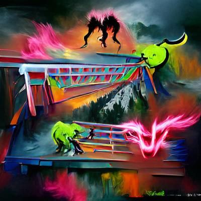 a painting of a semi-abstract fight seen between two monster...