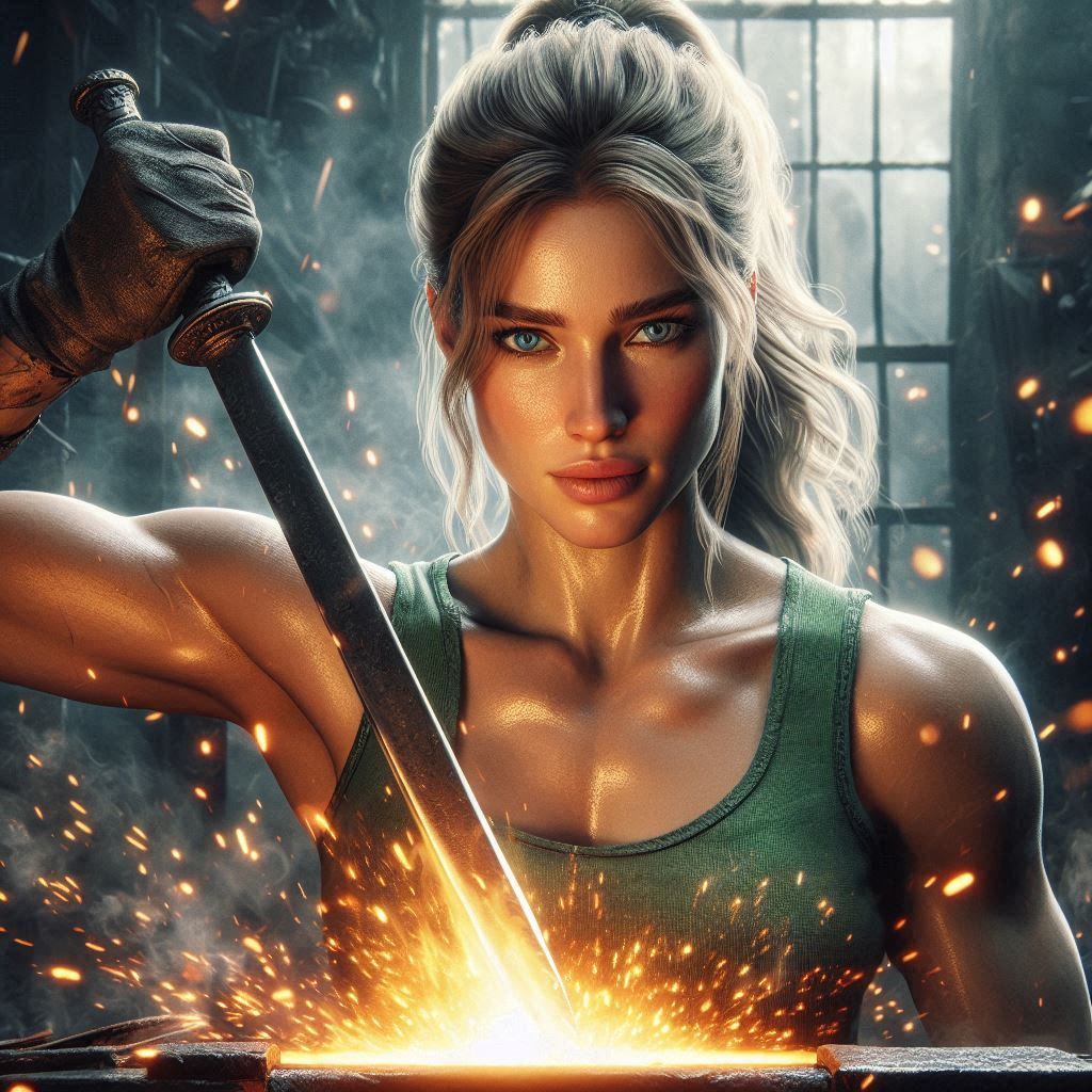 Cassie Cage forging a sword out of molten steel without prot...