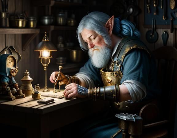 a female gnome repairing an automaton at a workbench. a mast...