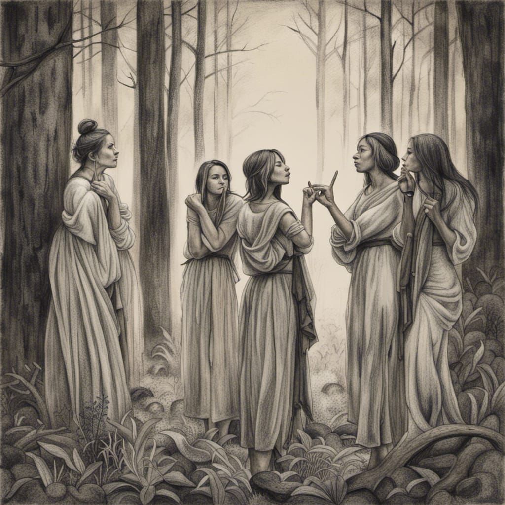 On a forest glade, several women are standing while holding a finger to ...