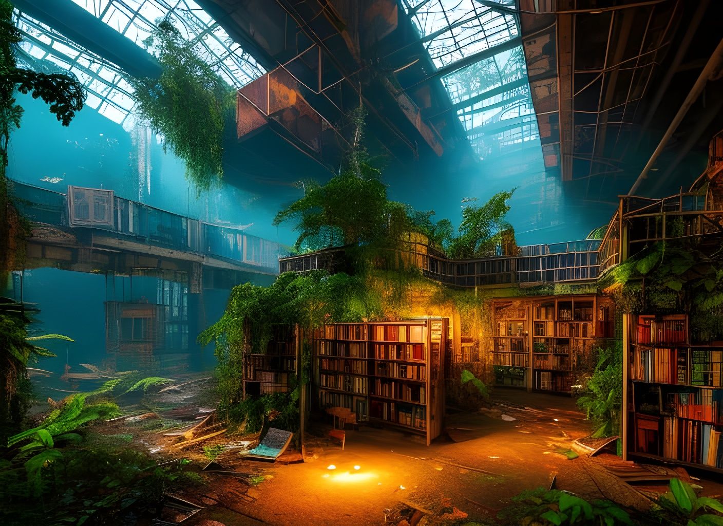 Insanely detailed photograph of a Abandoned lost Postapocalyptic Library Atrium, with cozy colorful lights, ...  by @FelhoRadioaktiv