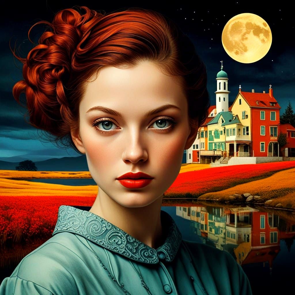 Surrealist Painting of a Charming Lady in Vibrant Color