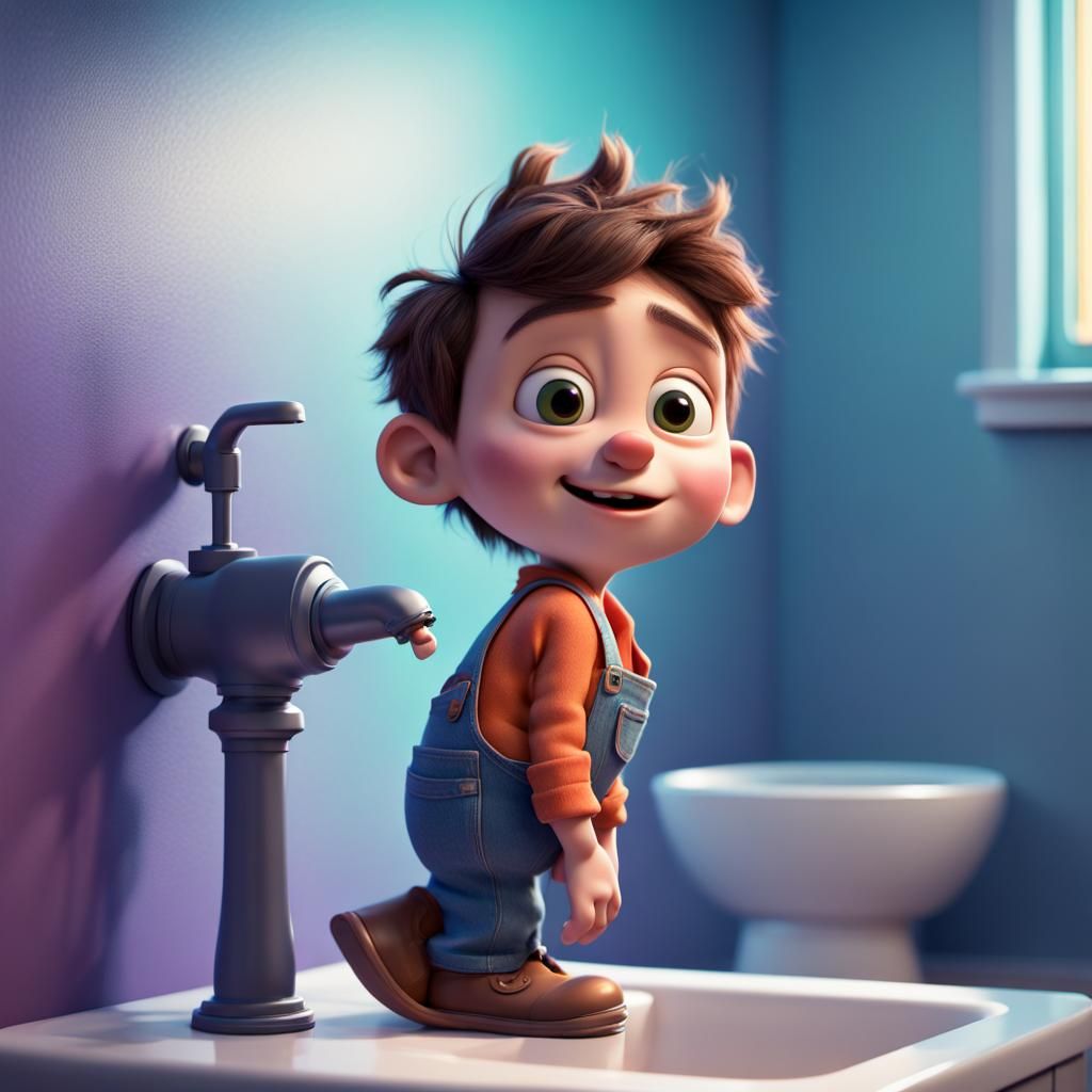pixar character urinating in a sink